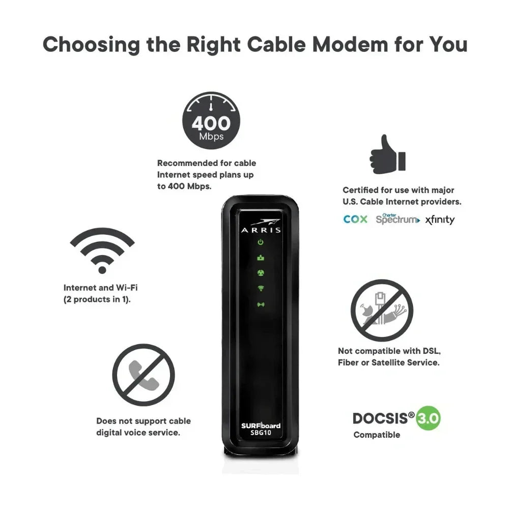 Arris SURFboard DOCSIS 3.0 Cable Modem And AC1600 Dual-Band Wi-Fi Router - SBG10