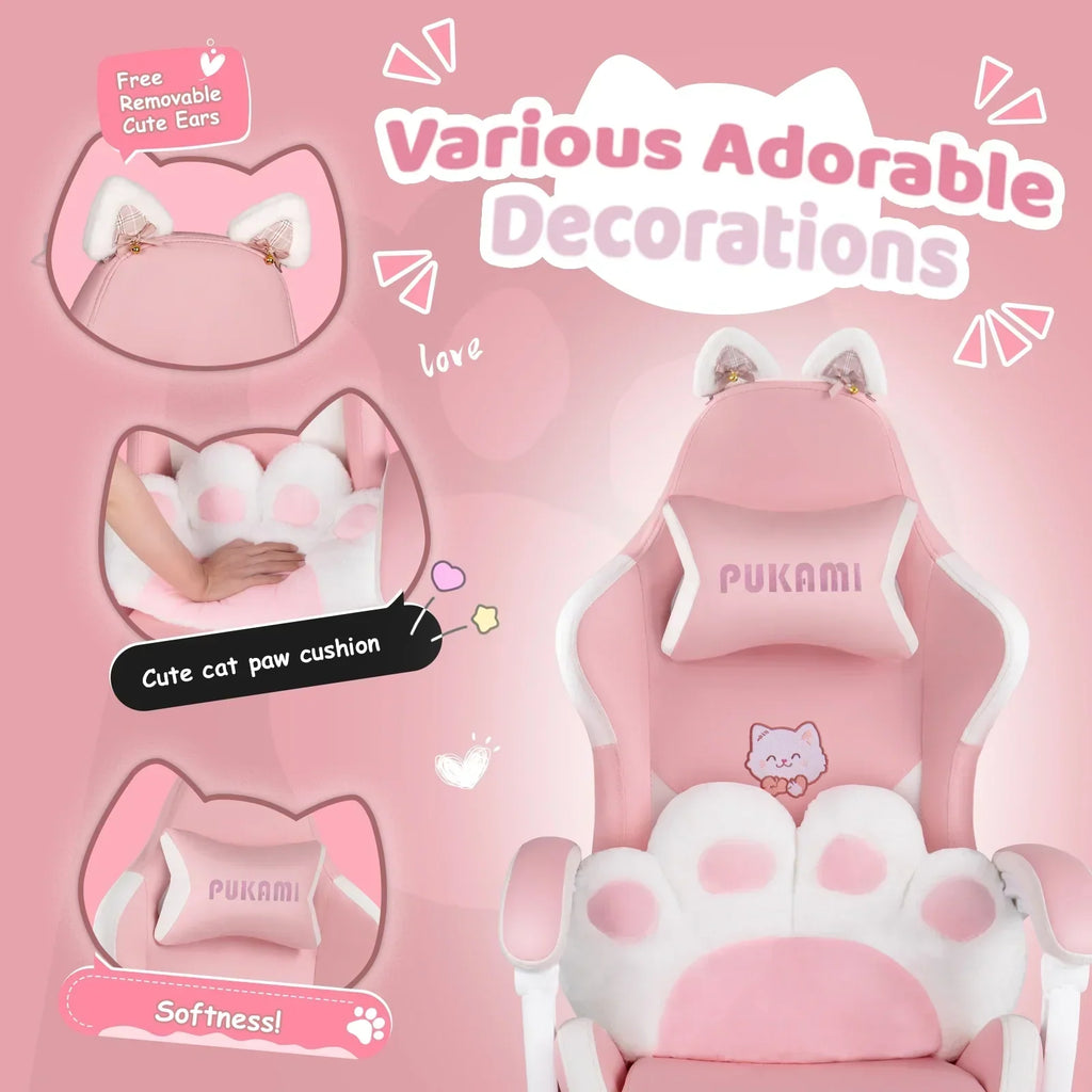 Waleaf Pink Gaming Chair with Cat Paw Lumbar Cushion and Cat Ears for Girls, Reclining Office Computer Chair with Footrest for Adults, Teens