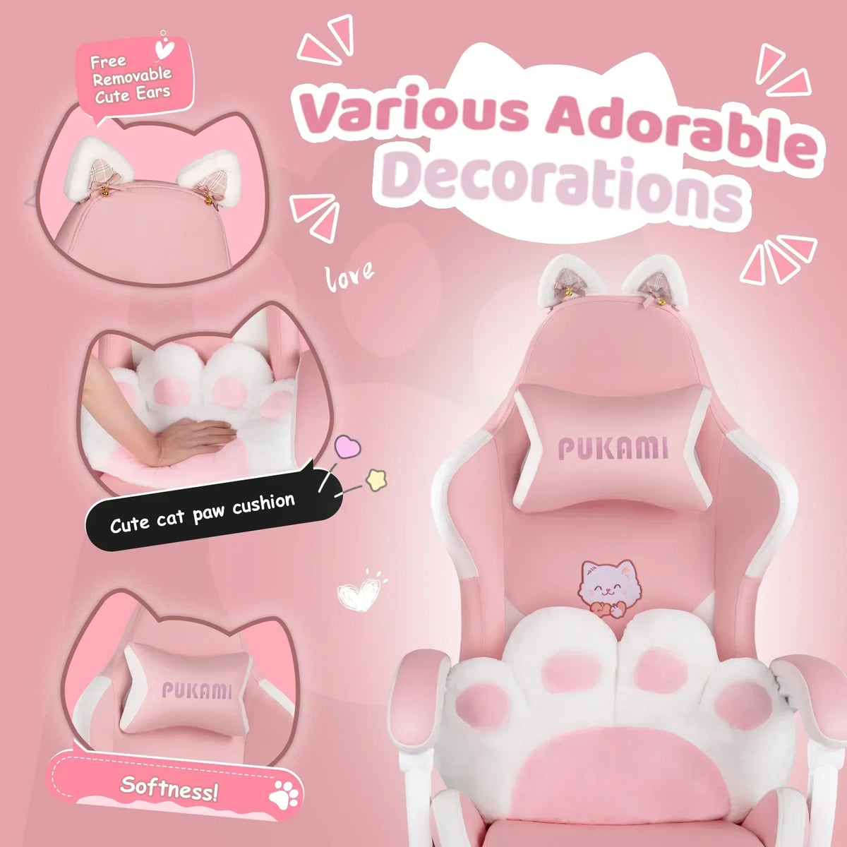 Waleaf Pink Gaming Chair with Cat Paw Lumbar Cushion and Cat Ears for Girls, Reclining Office Computer Chair with Footrest for Adults, Teens