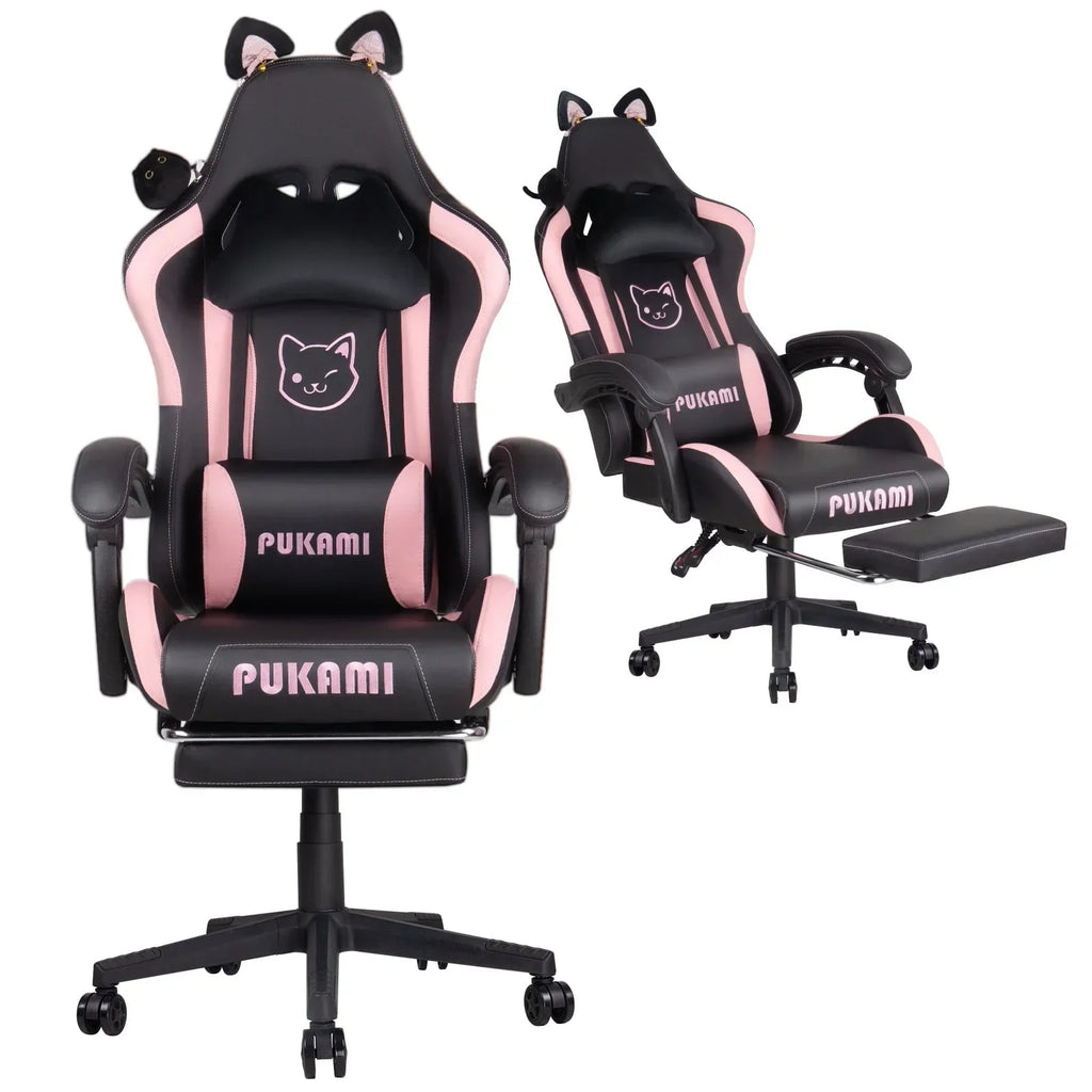 Waleaf Pink Gaming Chair with Cat Paw Lumbar Cushion and Cat Ears for Girls, Reclining Office Computer Chair with Footrest for Adults, Teens