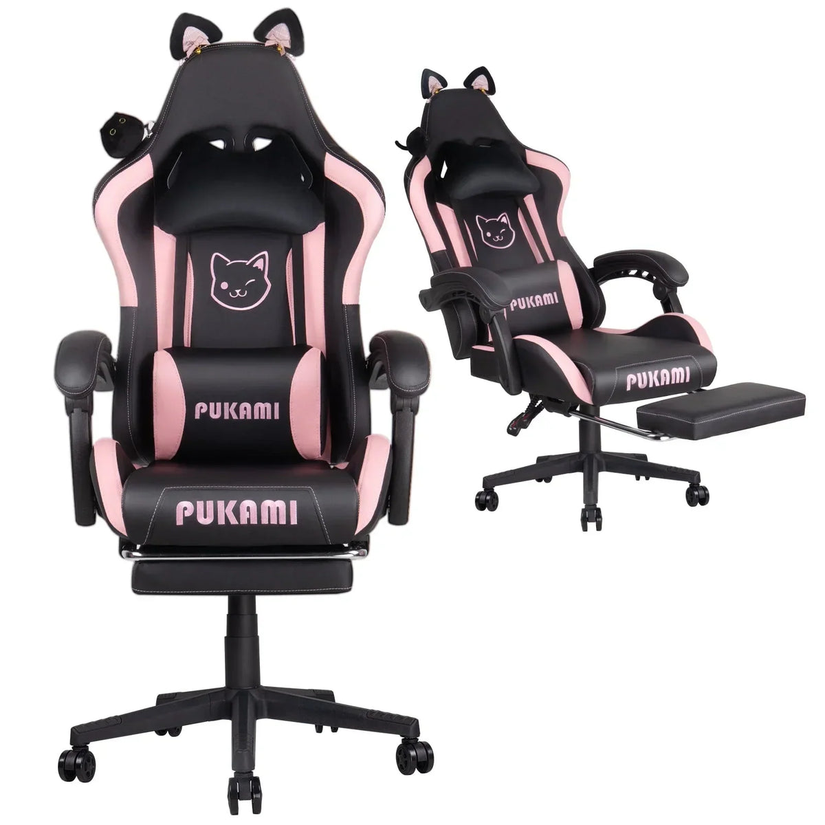 Waleaf Pink Gaming Chair with Cat Paw Lumbar Cushion and Cat Ears for Girls, Reclining Office Computer Chair with Footrest for Adults, Teens