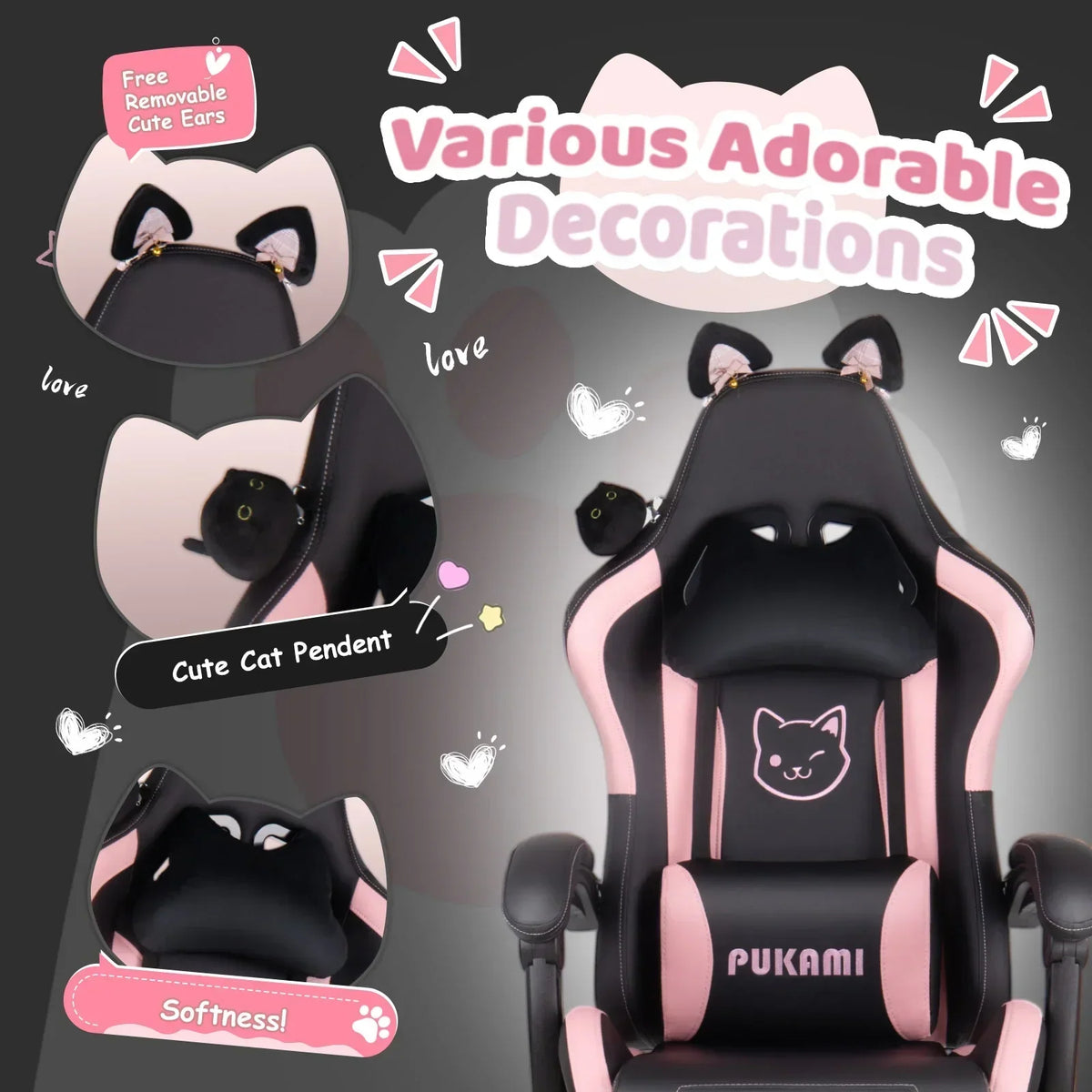 Waleaf Pink Gaming Chair with Cat Paw Lumbar Cushion and Cat Ears for Girls, Reclining Office Computer Chair with Footrest for Adults, Teens