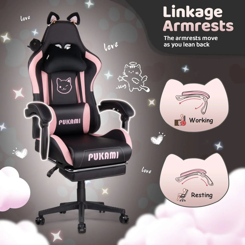 Waleaf Pink Gaming Chair with Cat Paw Lumbar Cushion and Cat Ears for Girls, Reclining Office Computer Chair with Footrest for Adults, Teens