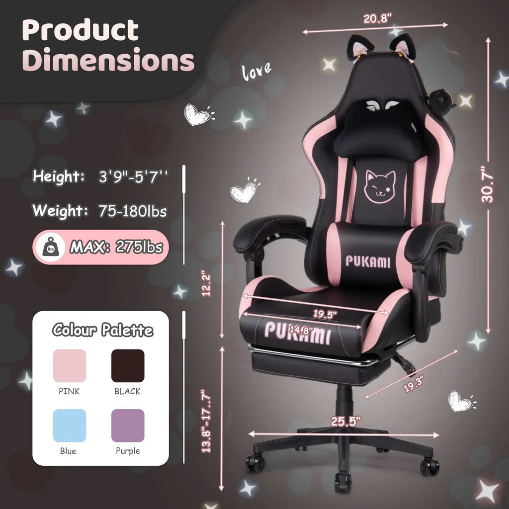 Waleaf Pink Gaming Chair with Cat Paw Lumbar Cushion and Cat Ears for Girls, Reclining Office Computer Chair with Footrest for Adults, Teens