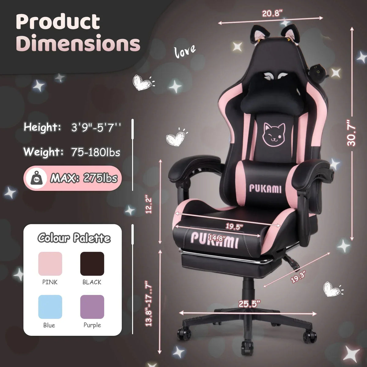 Waleaf Pink Gaming Chair with Cat Paw Lumbar Cushion and Cat Ears for Girls, Reclining Office Computer Chair with Footrest for Adults, Teens