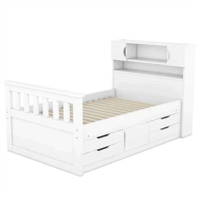 Twin/Full Size Captain Platform Bed with 4 Drawers and Storage Shelves, Solid Wood Bed Frame with Storage Bookcase Headboard