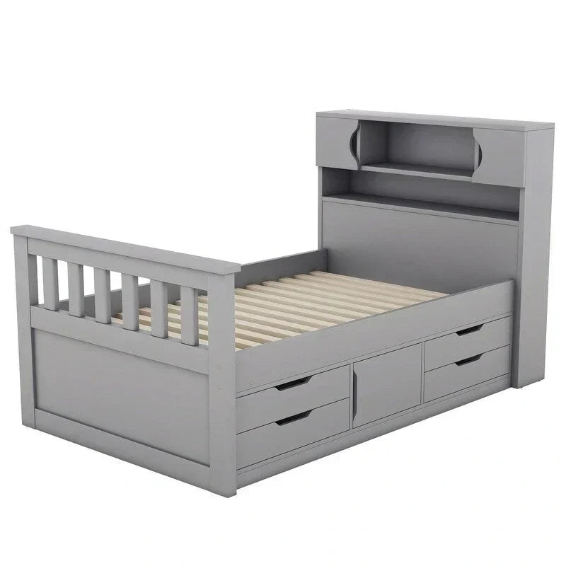 Twin/Full Size Captain Platform Bed with 4 Drawers and Storage Shelves, Solid Wood Bed Frame with Storage Bookcase Headboard