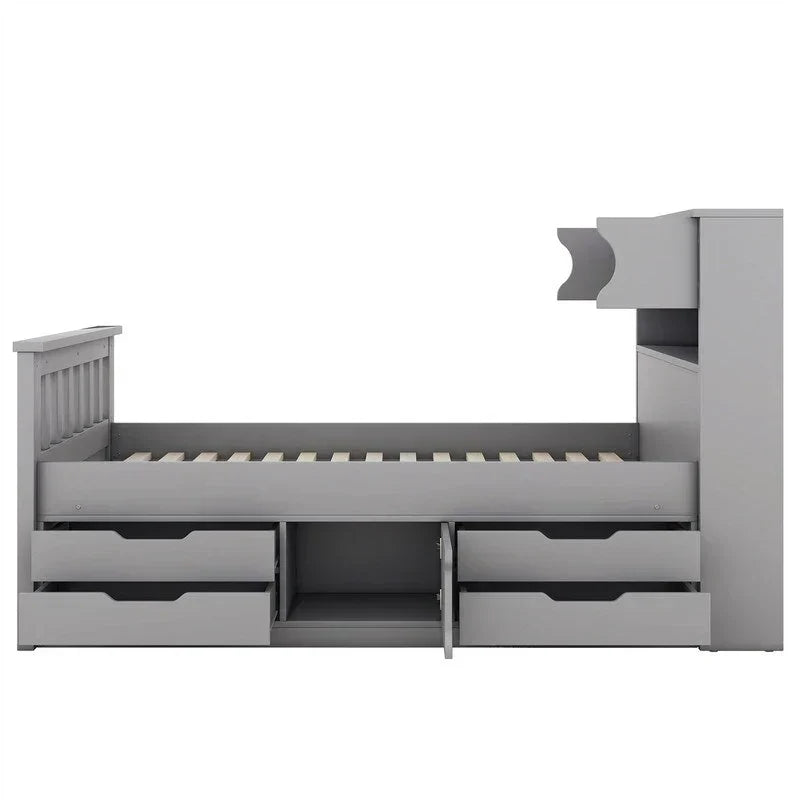 Twin/Full Size Captain Platform Bed with 4 Drawers and Storage Shelves, Solid Wood Bed Frame with Storage Bookcase Headboard