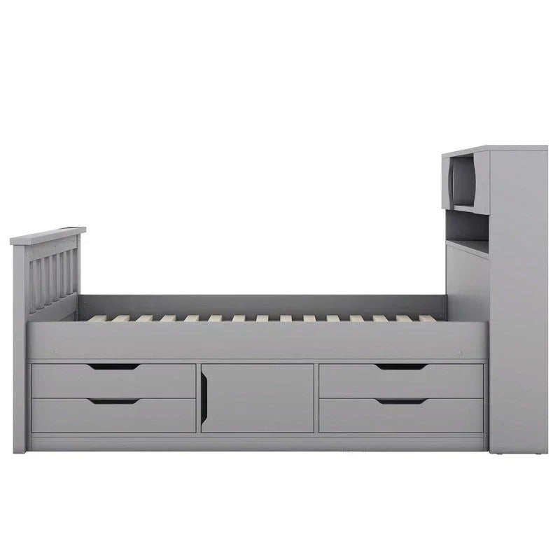 Twin/Full Size Captain Platform Bed with 4 Drawers and Storage Shelves, Solid Wood Bed Frame with Storage Bookcase Headboard