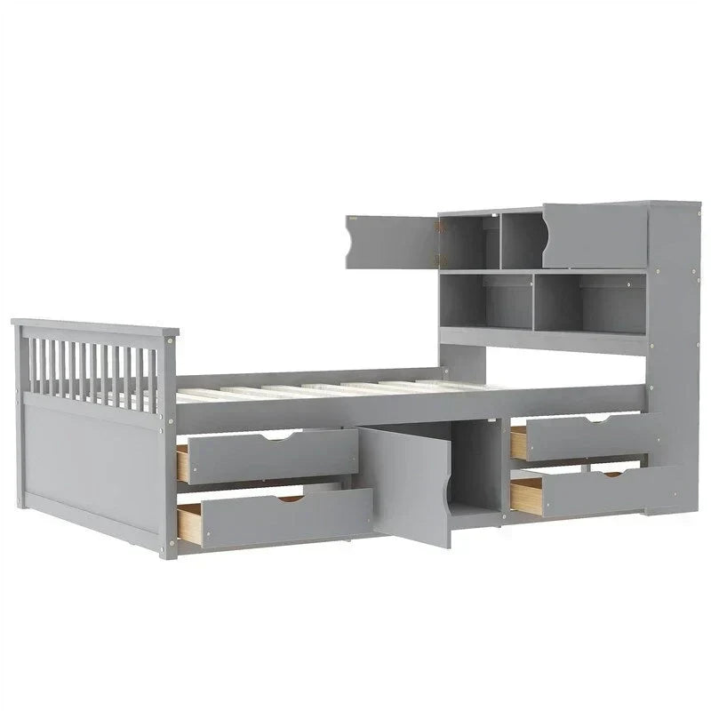 Twin/Full Size Captain Platform Bed with 4 Drawers and Storage Shelves, Solid Wood Bed Frame with Storage Bookcase Headboard