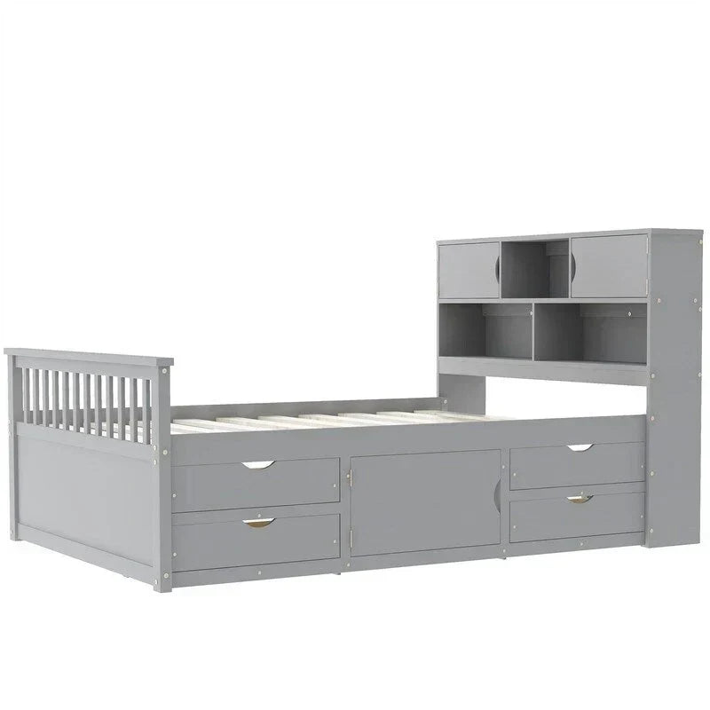 Twin/Full Size Captain Platform Bed with 4 Drawers and Storage Shelves, Solid Wood Bed Frame with Storage Bookcase Headboard