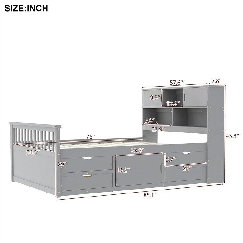 Twin/Full Size Captain Platform Bed with 4 Drawers and Storage Shelves, Solid Wood Bed Frame with Storage Bookcase Headboard