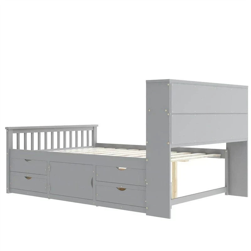 Twin/Full Size Captain Platform Bed with 4 Drawers and Storage Shelves, Solid Wood Bed Frame with Storage Bookcase Headboard