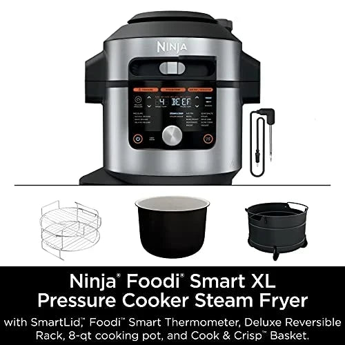 Ninja OL701 Foodi 14 in 1 SMART XL 8 Qt. Pressure Cooker Steam Fryer with SmartLid &amp; Thermometer   Auto Steam Release, that Air Fries, Proofs &amp; More, 3 Layer Capacity, 5 Qt. Crisp Basket, Silver/Black