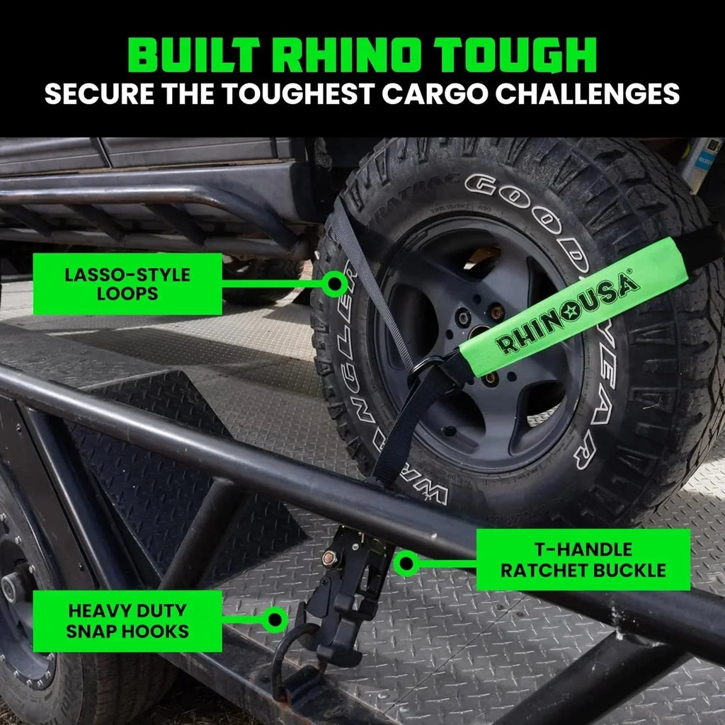 Car Tie Down Straps for Trailers with Flat Hooks (4-Pack) - 2 Inch x 8 Feet (10,000lb Break Strength) - Heavy Duty T-Handle Car Lasso Tire Straps for Trailer & UTV - Black