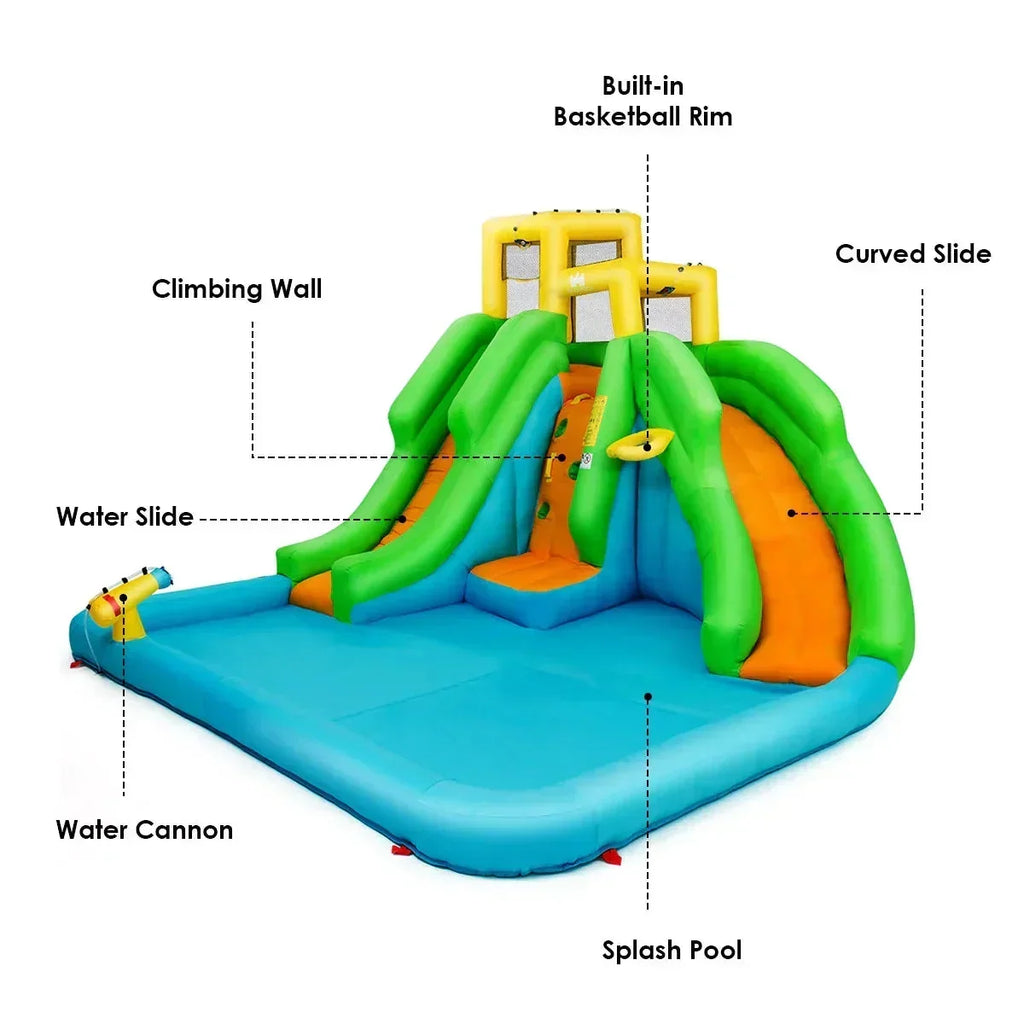 Inflatable Water Park Bounce House w/Climbing Wall Two Slides and Splash Pool