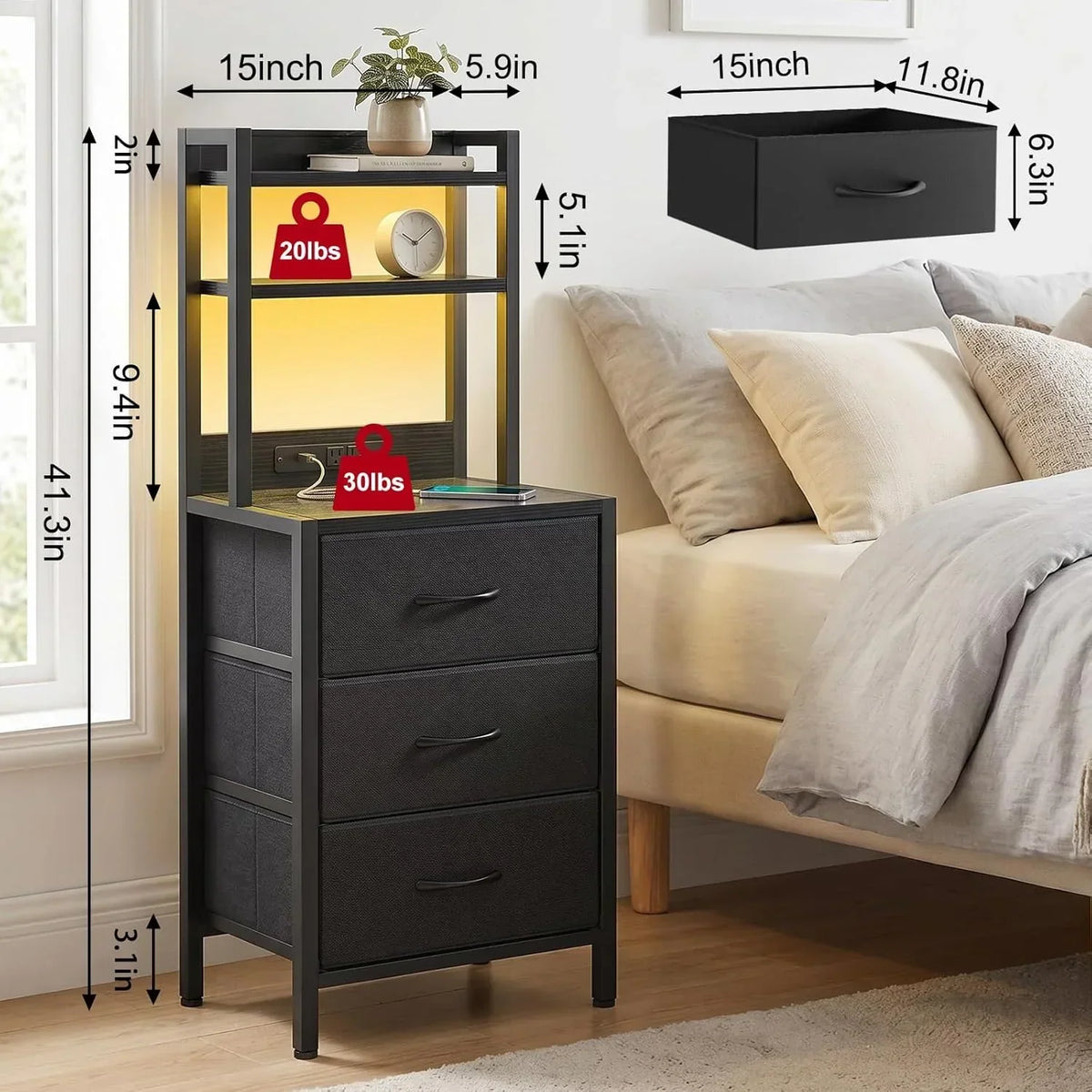 41 Inch Tall Nightstand with Charging Station, 3 Fabric Drawers, LED Lights & Open Shelves, Black