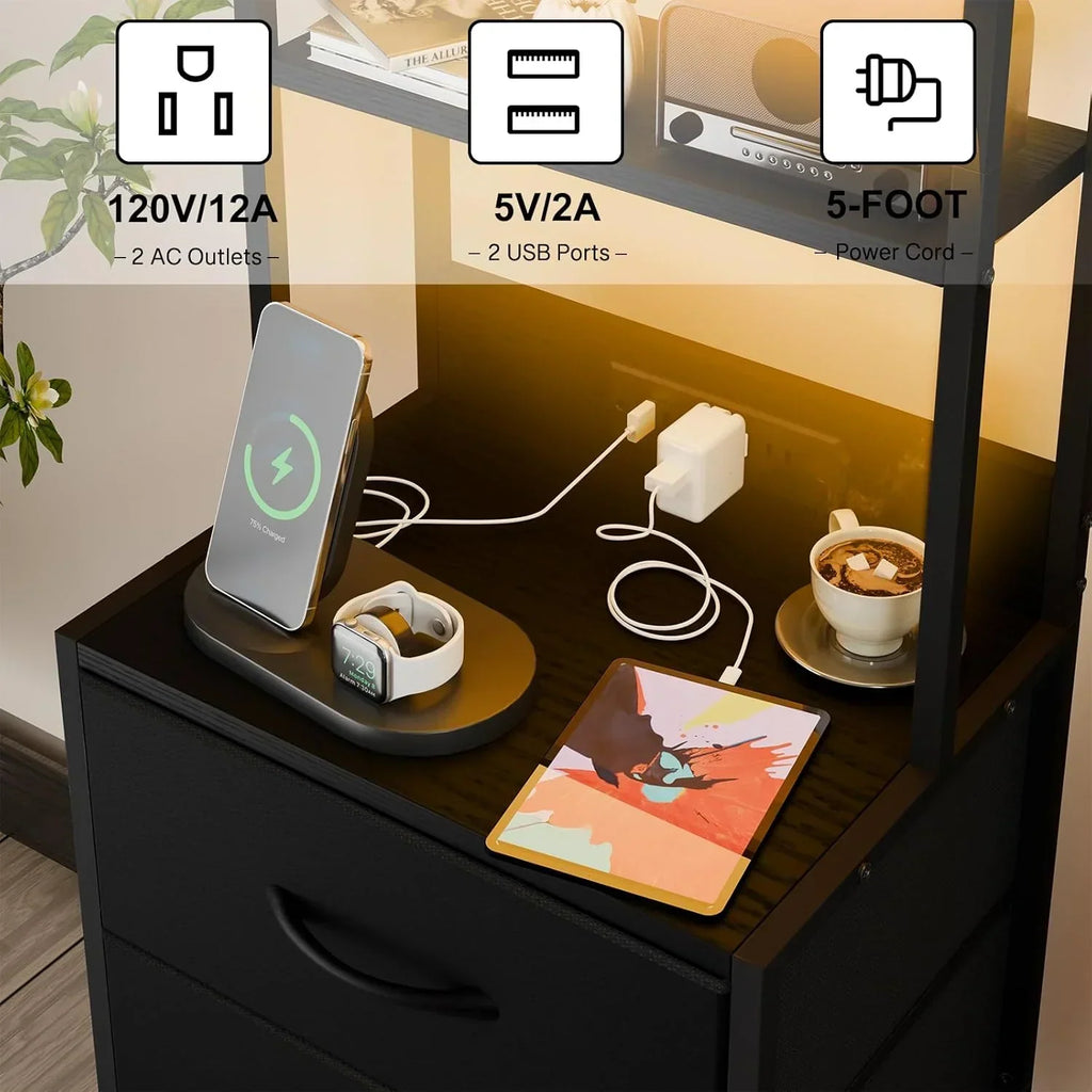 41 Inch Tall Nightstand with Charging Station, 3 Fabric Drawers, LED Lights & Open Shelves, Black