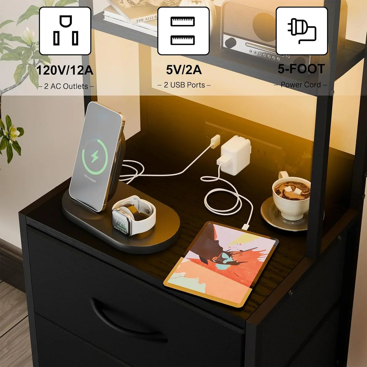 41 Inch Tall Nightstand with Charging Station, 3 Fabric Drawers, LED Lights & Open Shelves, Black