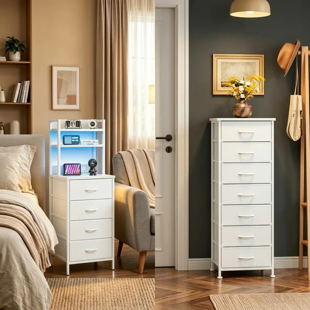 White Nightstand & Dresser Set, 47 Inch Tall LED Nightstand, 10 Drawers