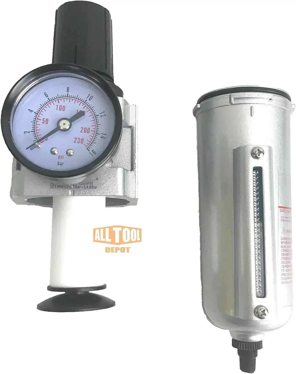 Compressed Air Inline Filter Regulator Combo, Metal Bowl, 5 Micron, 7 To 175 PSI, Auto Drain