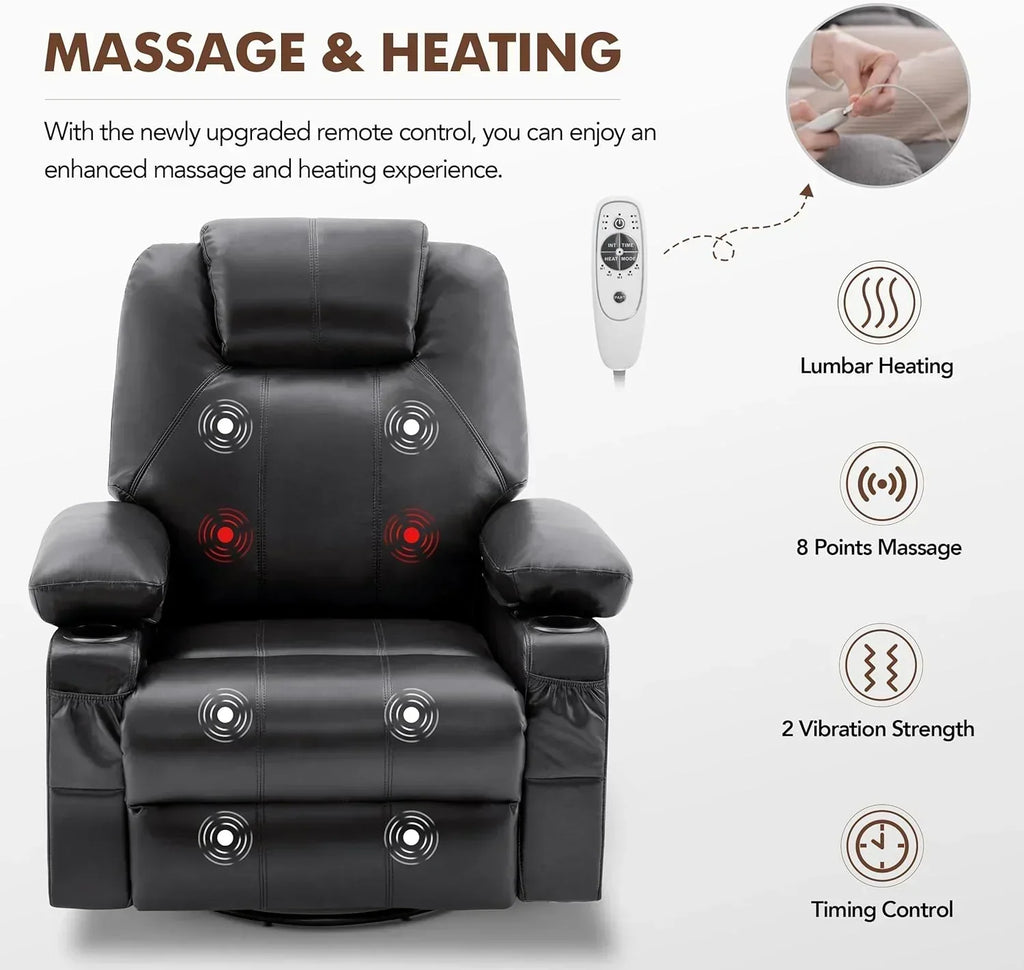 Oversized Swivel Rocker Recliner Chair with Heat and Massage, 360 Degree Swivel Rocking Single Sofa with Cup Holders and USB Port, Large Big Recliner Chair for Living Room (Leather, Brown)