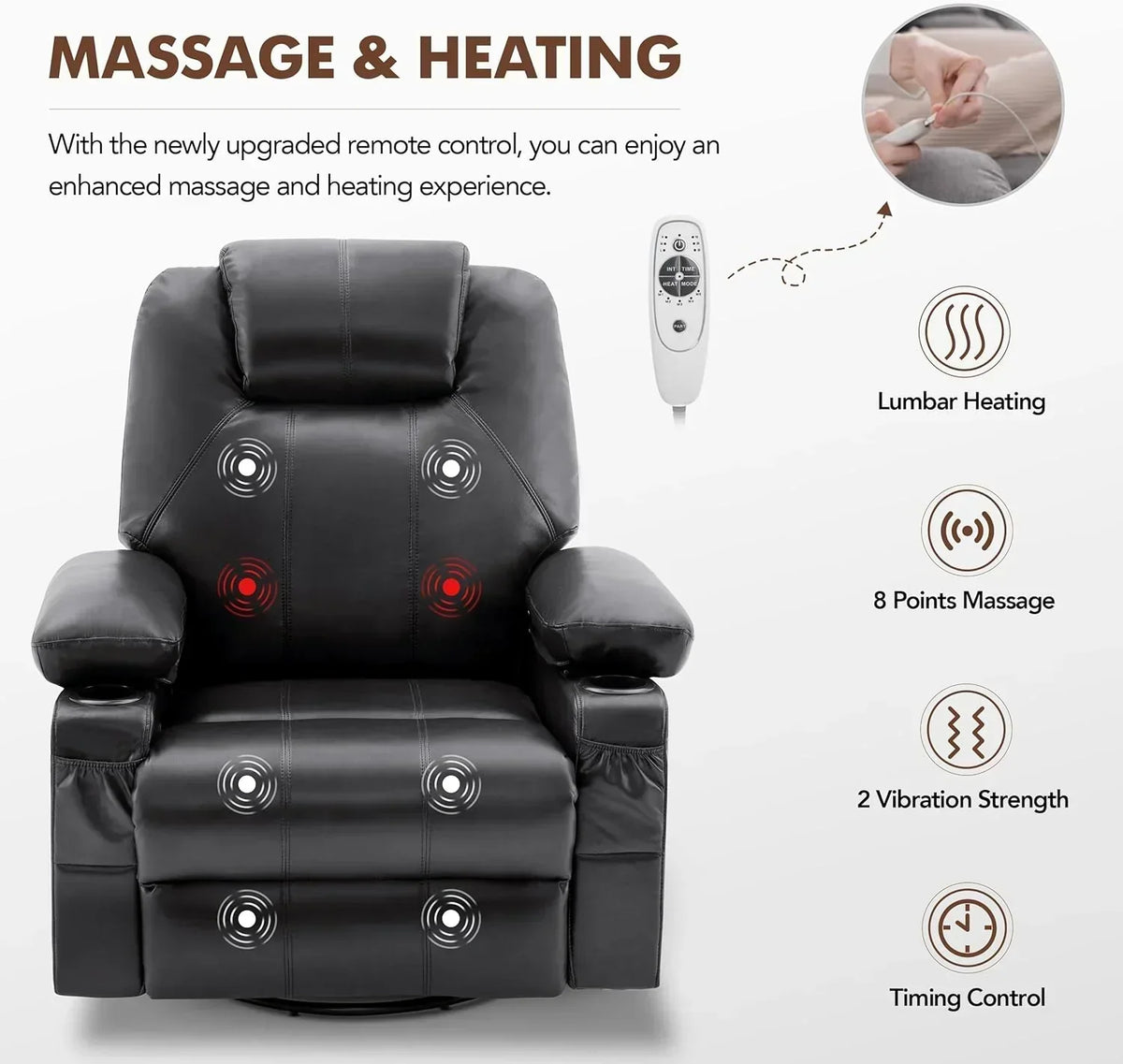 Oversized Swivel Rocker Recliner Chair with Heat and Massage, 360 Degree Swivel Rocking Single Sofa with Cup Holders and USB Port, Large Big Recliner Chair for Living Room (Leather, Brown)
