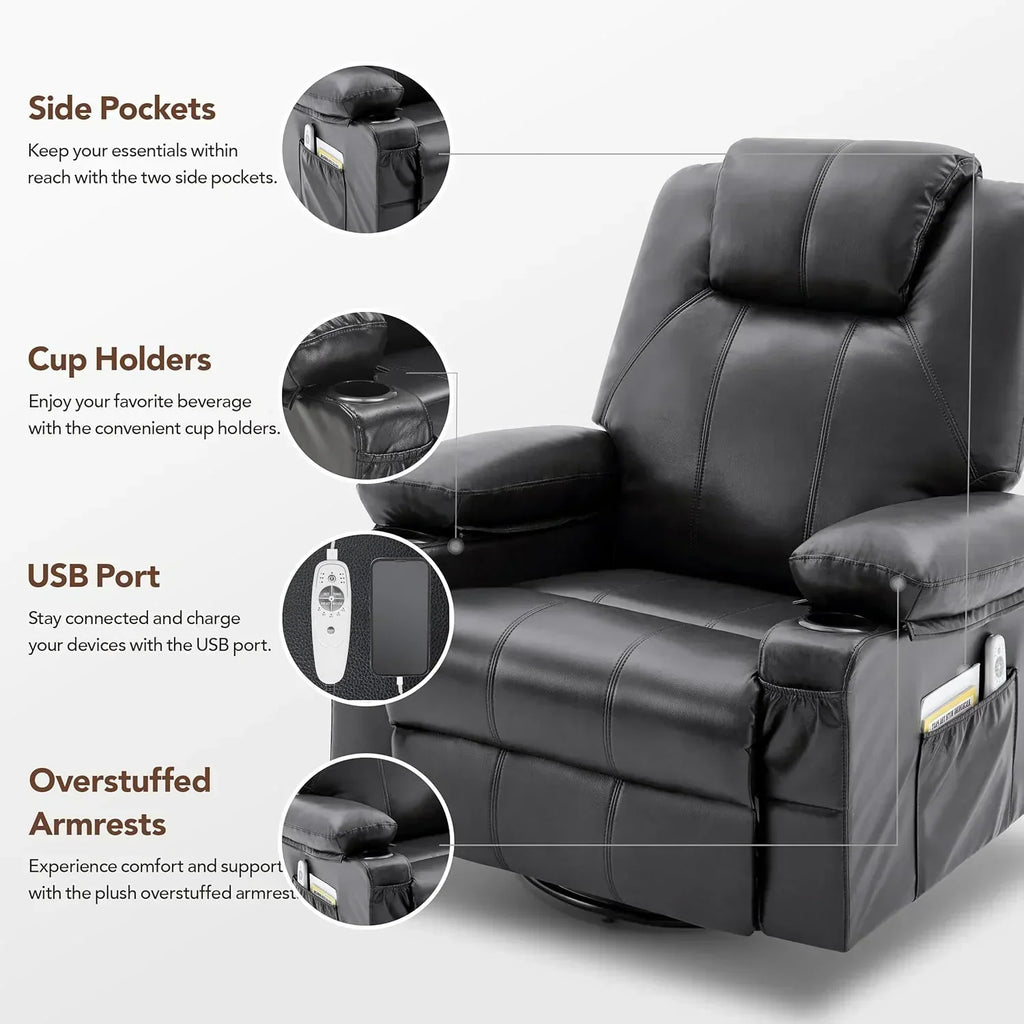Oversized Swivel Rocker Recliner Chair with Heat and Massage, 360 Degree Swivel Rocking Single Sofa with Cup Holders and USB Port, Large Big Recliner Chair for Living Room (Leather, Brown)