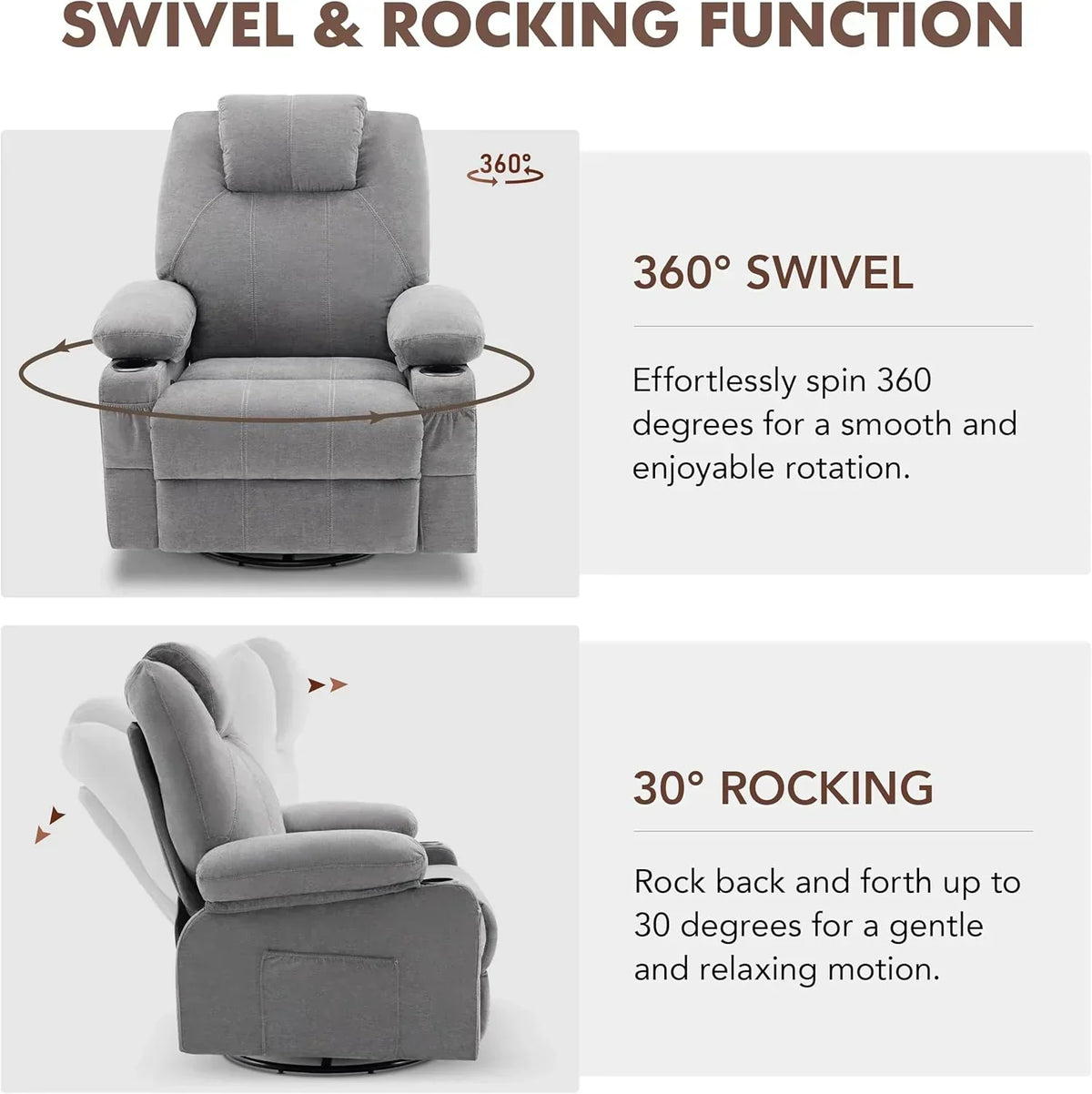 Oversized Swivel Rocker Recliner Chair with Heat and Massage, 360 Degree Swivel Rocking Single Sofa with Cup Holders and USB Port, Large Big Recliner Chair for Living Room (Leather, Brown)