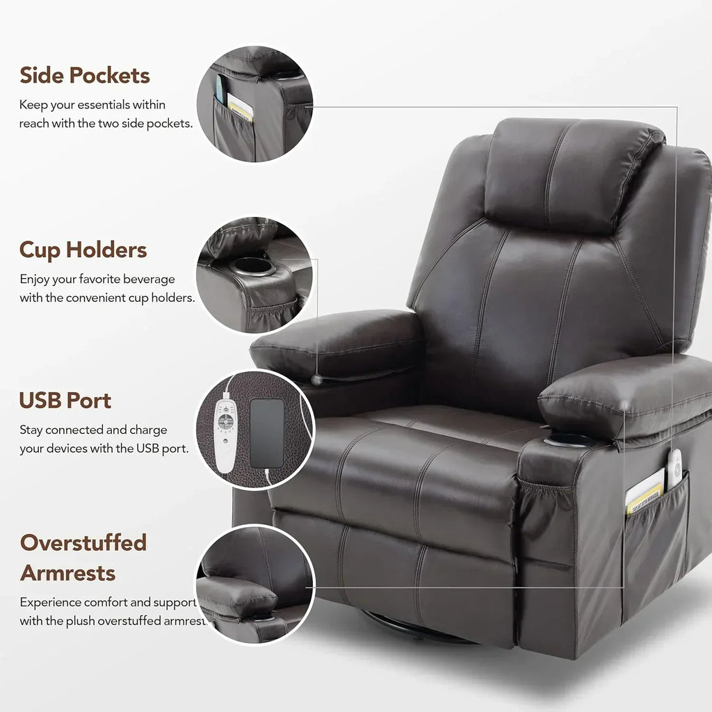 Oversized Swivel Rocker Recliner Chair with Heat and Massage, 360 Degree Swivel Rocking Single Sofa with Cup Holders and USB Port, Large Big Recliner Chair for Living Room (Leather, Brown)