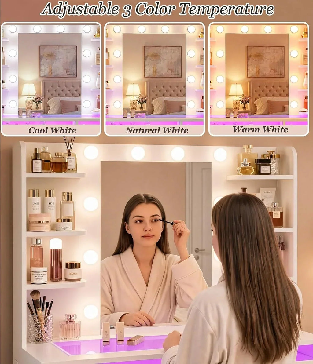 Fixwal Vanity Desk with Mirror and Lights, Makeup Vanity Table with RGB Drawers, 3-Color LED Lighting, Tempered Glass Top, 6 Shelves, Power Outlet, 35.4"W x 15.7"L x 55.1"H