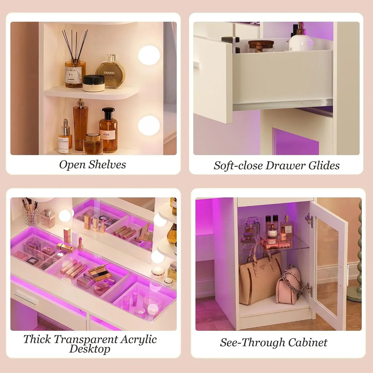 Fixwal Vanity Desk with Mirror and Lights, Makeup Vanity Table with RGB Drawers, 3-Color LED Lighting, Tempered Glass Top, 6 Shelves, Power Outlet, 35.4"W x 15.7"L x 55.1"H