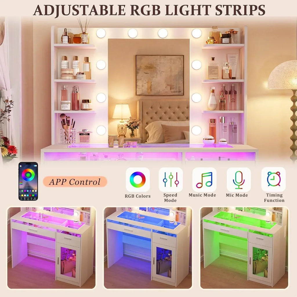 Fixwal Vanity Desk with Mirror and Lights, Makeup Vanity Table with RGB Drawers, 3-Color LED Lighting, Tempered Glass Top, 6 Shelves, Power Outlet, 35.4"W x 15.7"L x 55.1"H