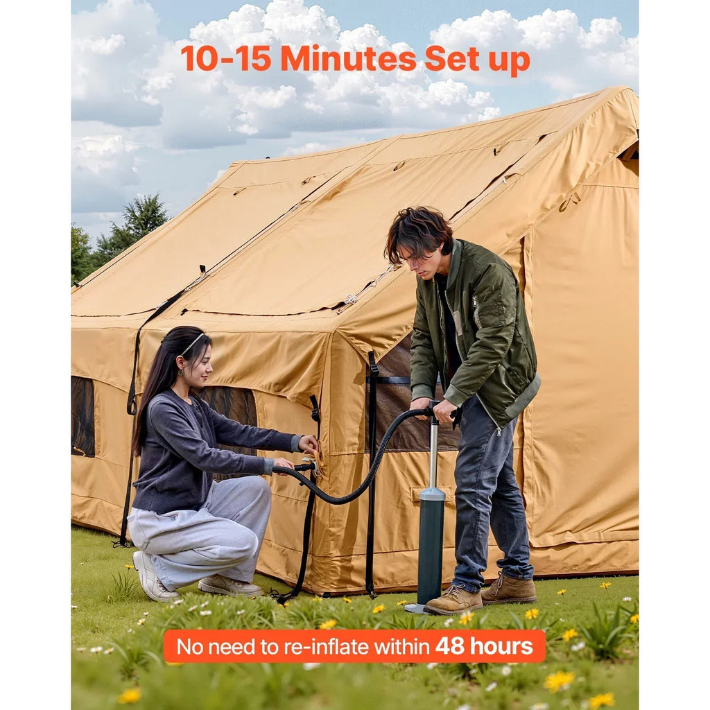 KFFKFF Inflatable Tent for Camping, 15.75 x 11.81 x 7.22 Ft Glamping Blow up Tent for 8-12 People, Air-Filled Camping Shelters, Outdoor Living Tent with Dual Sunroofs, Stove Jack