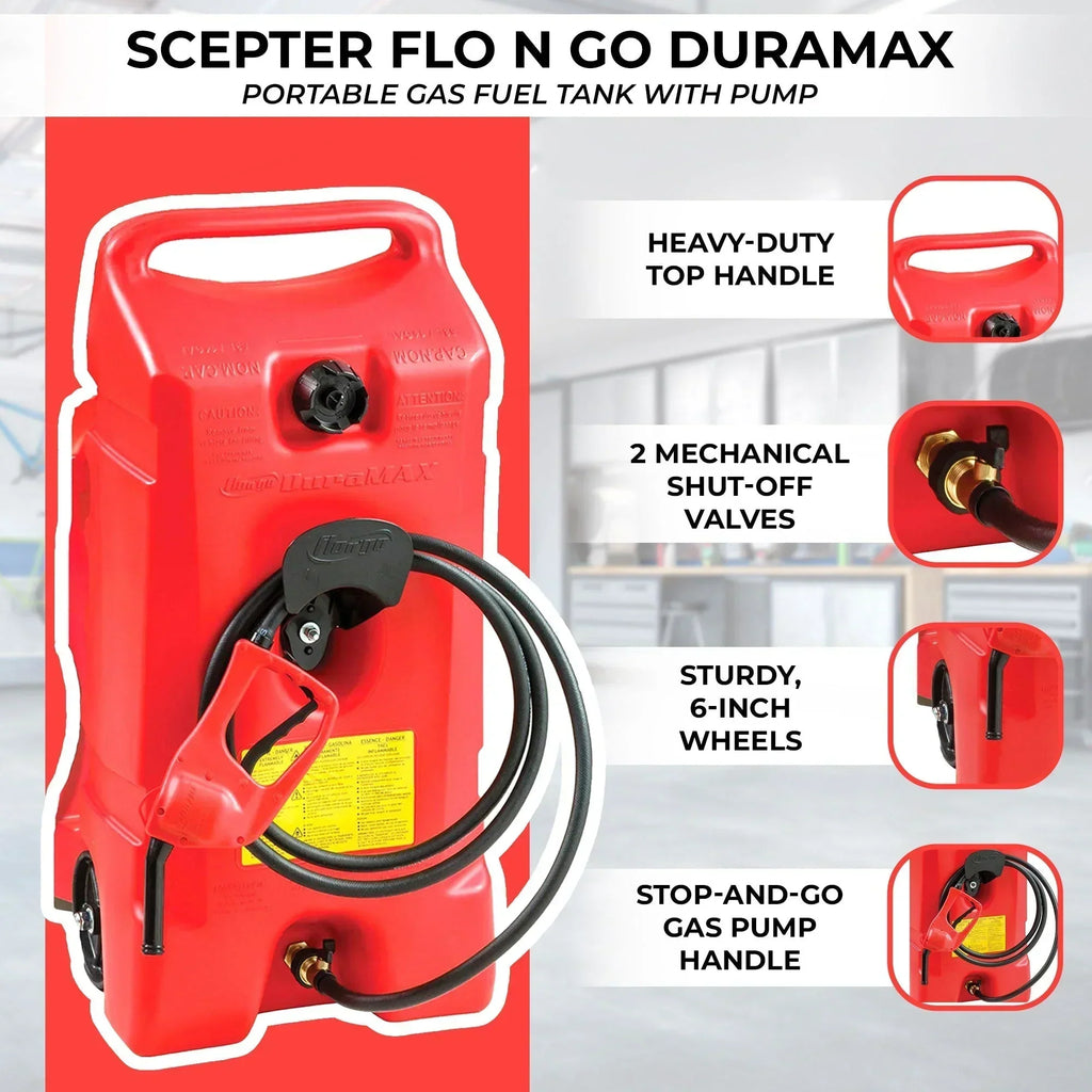 Scepter Flo N' Go DuraMax Portable Gas Fuel Tank With Pump, 14 Gallon, 2 Pack, Red