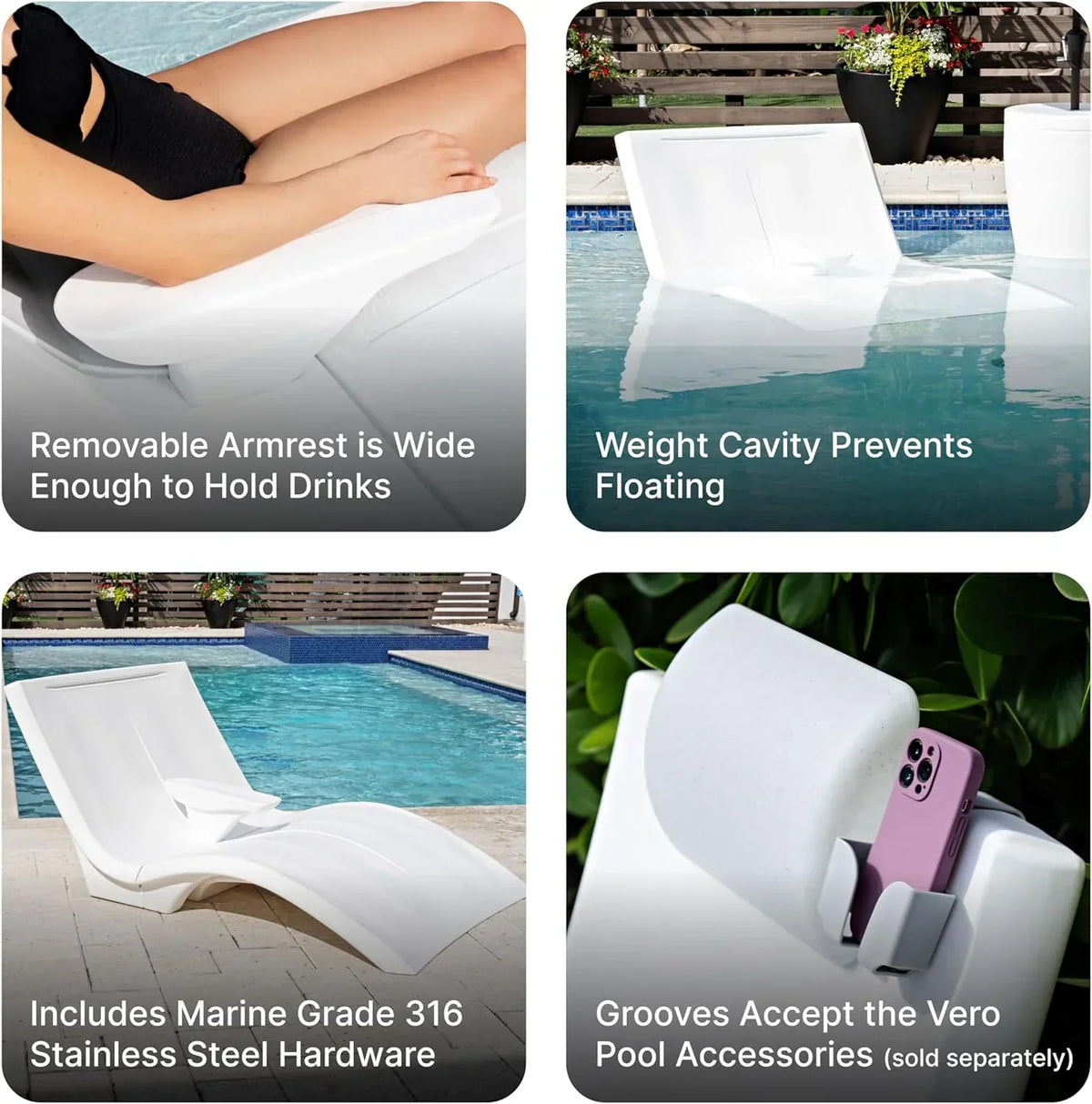 Pool Lounger, Fade-Resistant, Waterproof Patio Furniture, Pool Lounge Chair for Sun Shelf, Use in Pools with Shelves Up to 9-Inches Deep or Outside Pool Deck, Weighted, White