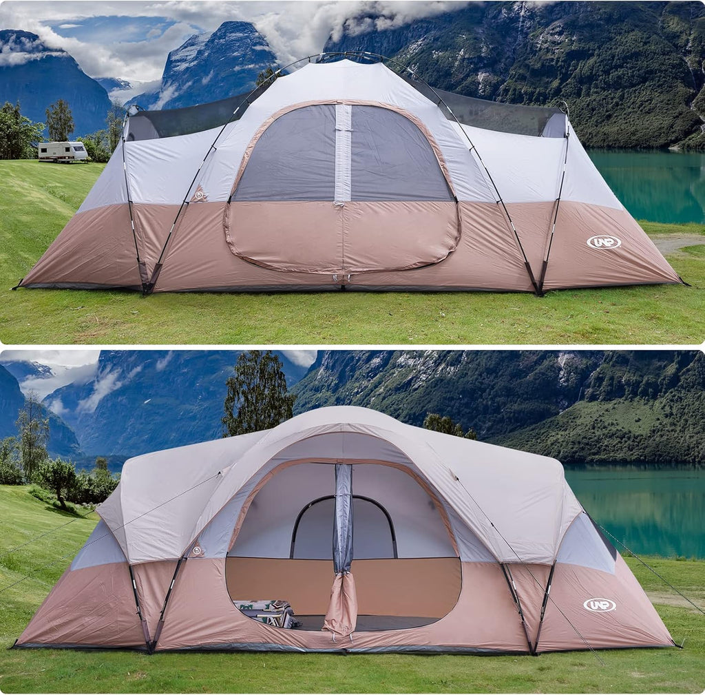 UNP Camping Tent 10-Person-Family Tents, Parties, Music Festival Tent, Big, Easy Up, 5 Large Mesh Windows, Double Layer, 2 Room, Waterproof, Weather Resistant, 18ft x 9ft x78in
