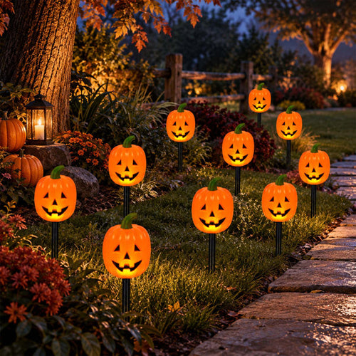 10 Pack Halloween Pumpkin Stake Lights, Solar LED Pumpkin Garden Lights Set for Outdoor Holiday Decor