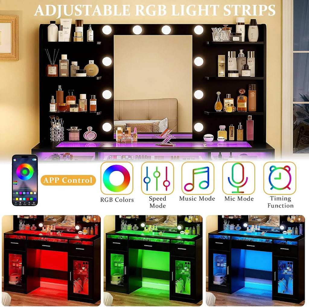 Fixwal Black Luxury Makeup Vanity Table with Tempered Glass Top, LED Mirror & RGB Lighting