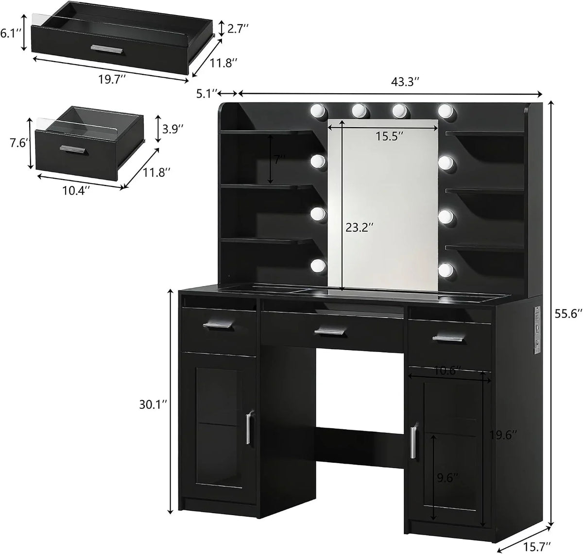 Fixwal Black Luxury Makeup Vanity Table with Tempered Glass Top, LED Mirror & RGB Lighting