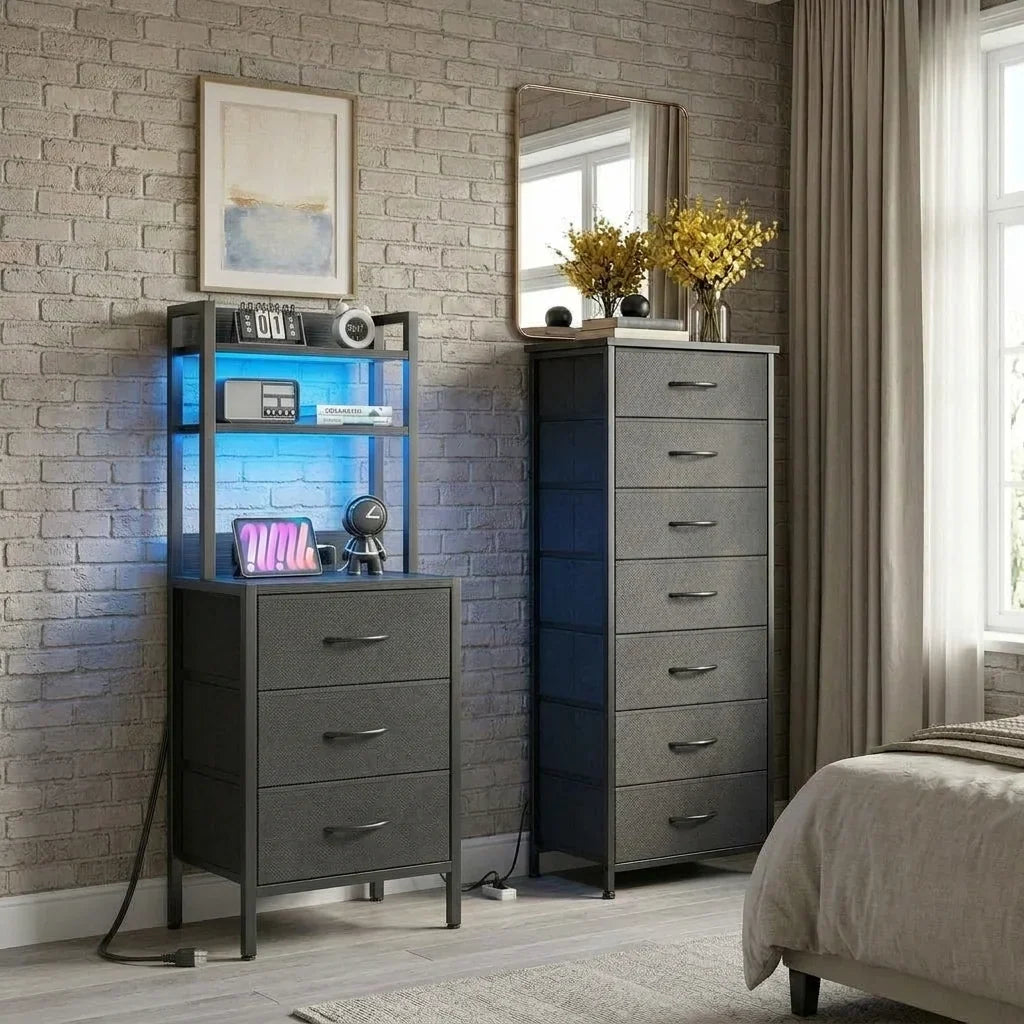 Black Tall Nightstand & Dresser Set, LED Nightstand with Charging Station, 10 Drawers