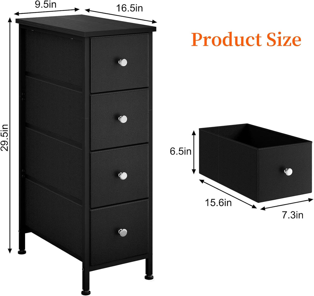 Black Narrow Storage Cabinet with 4 Fabric Drawers, Slim Storage Dresser