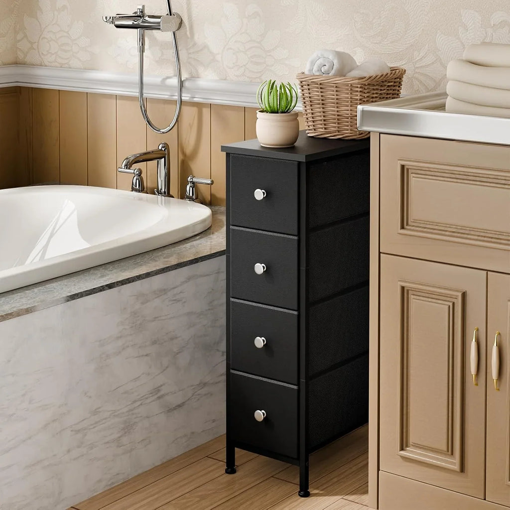 Black Narrow Storage Cabinet with 4 Fabric Drawers, Slim Storage Dresser