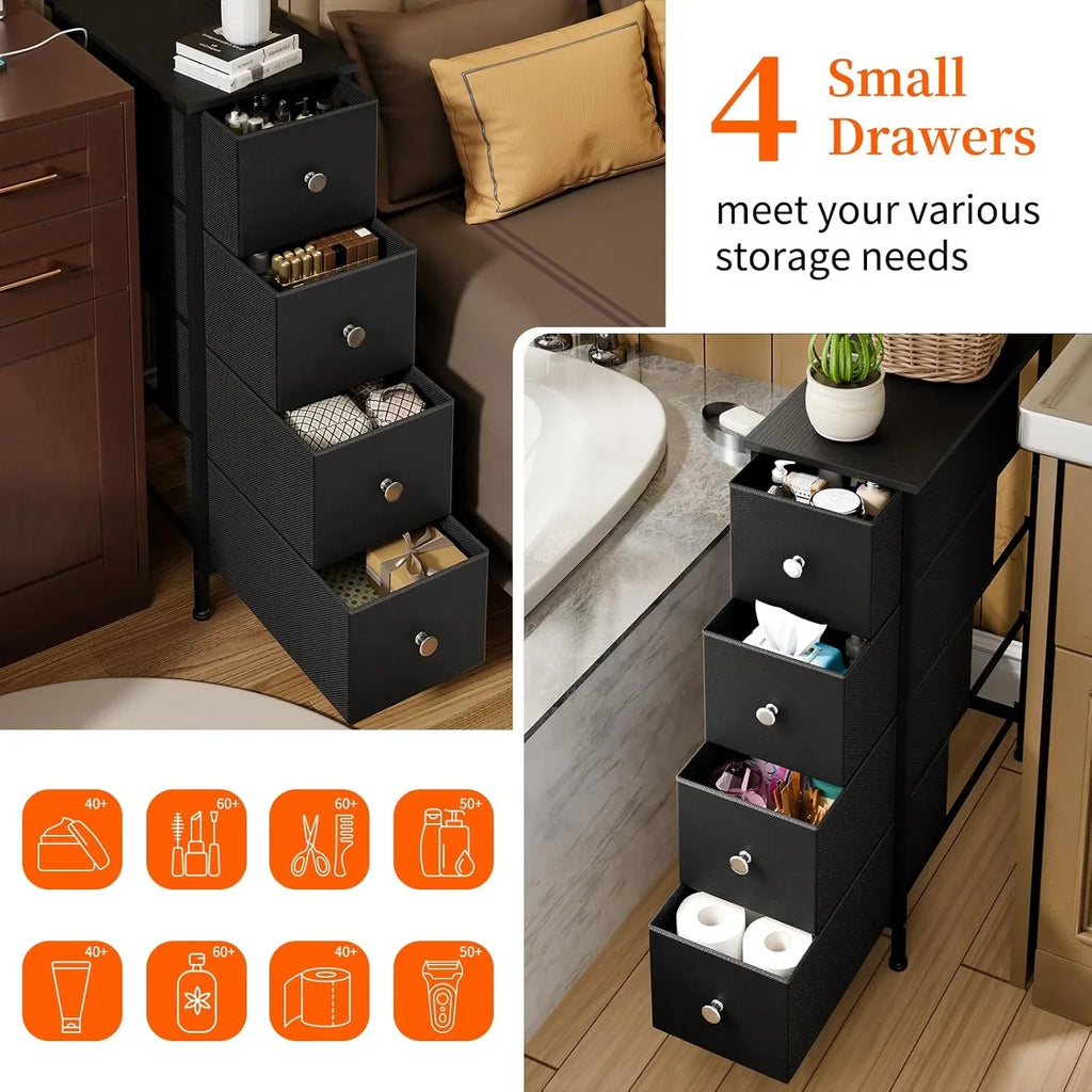 Black Narrow Storage Cabinet with 4 Fabric Drawers, Slim Storage Dresser