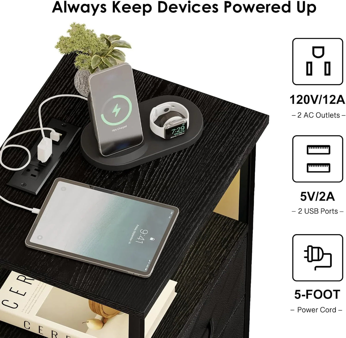 Black LED Nightstand with Charging Station, 2 Fabric Drawers & Open Shelves