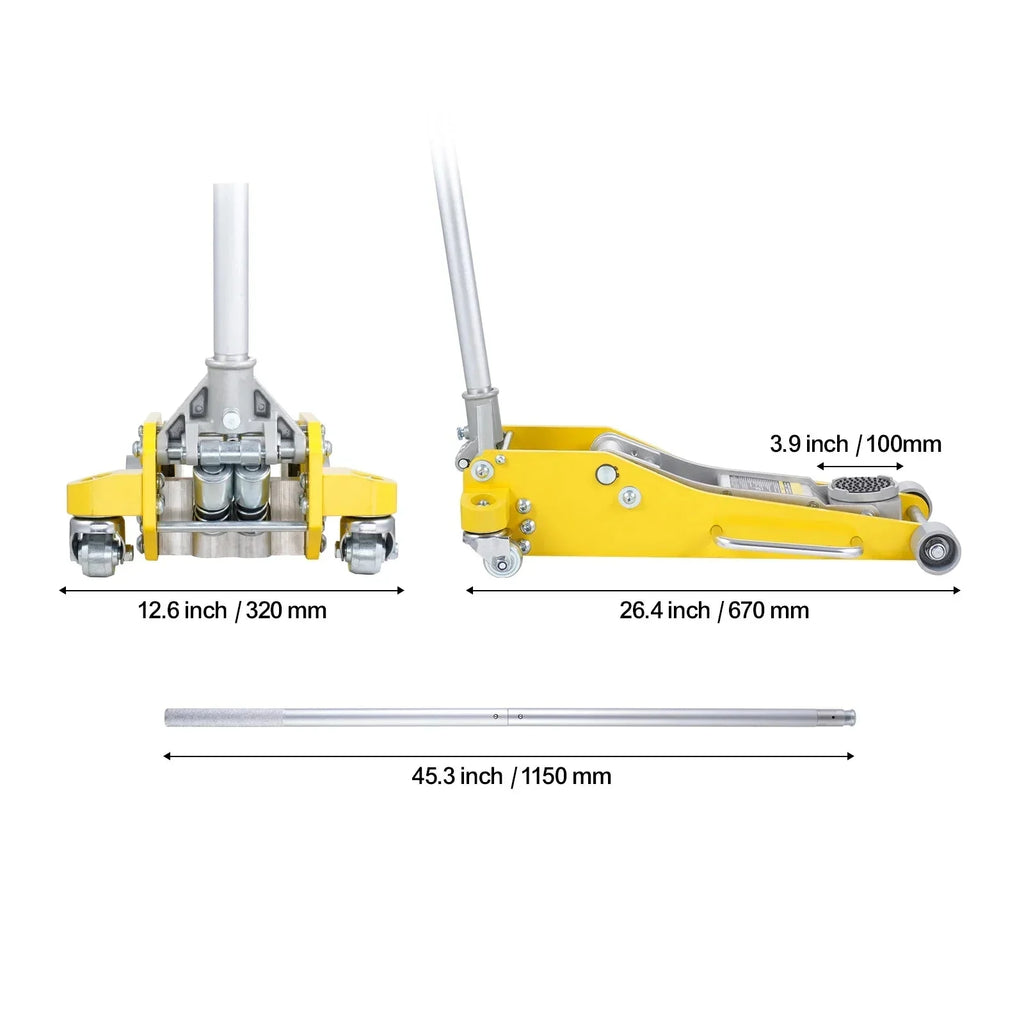 KFFKFF Low Profile Aluminum Floor Jack, 3 Ton Capacity, 3.7-18.3 Inch Lift Range, Dual Piston