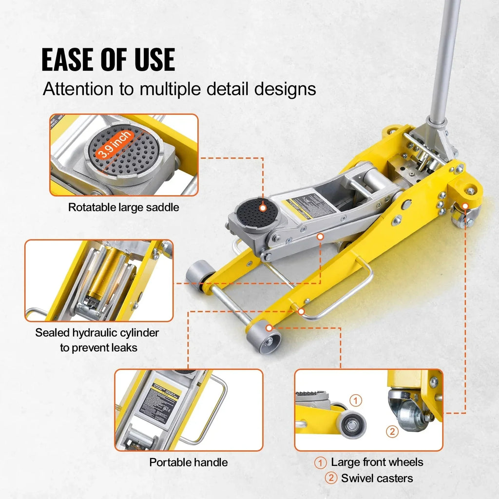 KFFKFF Low Profile Aluminum Floor Jack, 3 Ton Capacity, 3.7-18.3 Inch Lift Range, Dual Piston