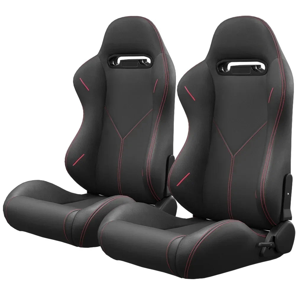 2PC Universal Reclinable Bucket Racing Seats With Adjustor Slider - Red PVC Leather