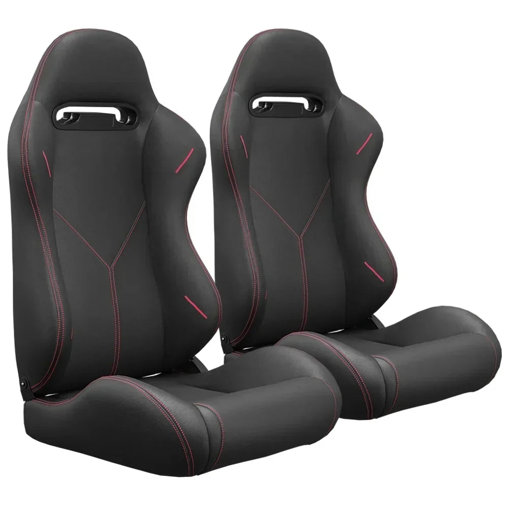 2PC Universal Reclinable Bucket Racing Seats With Adjustor Slider - Red PVC Leather