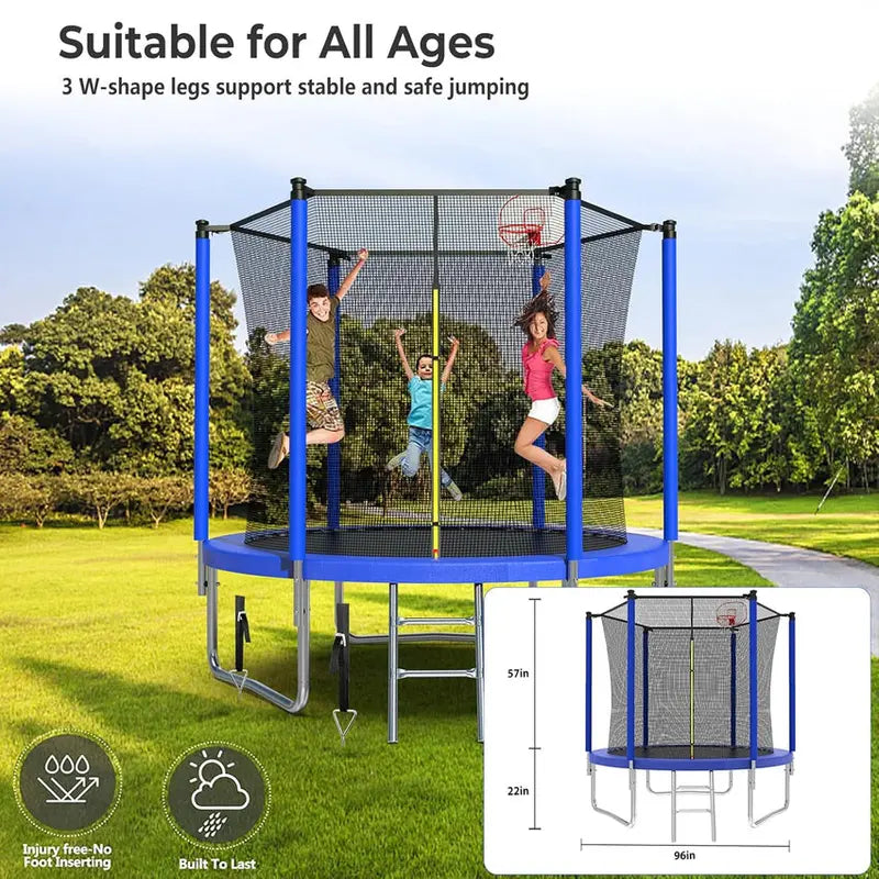 Trampoline With Enclosure Net And Adjustable Basketball Hoop - 8ft, 10ft, 12ft, 14ft, 15ft, 16ft